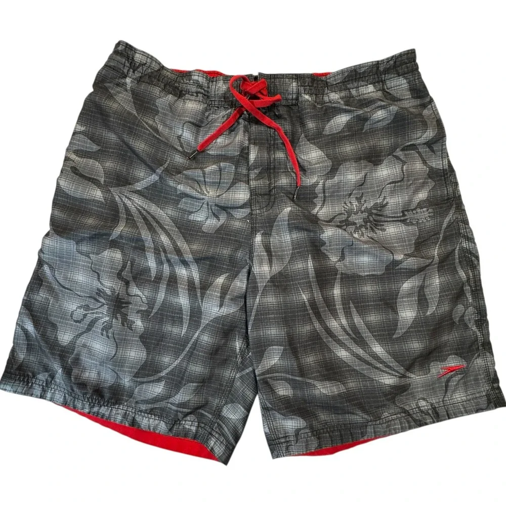 Speedo Board Shorts Men's XL Gray Floral Plaid Swim Trunks‎ Beach Surfwear